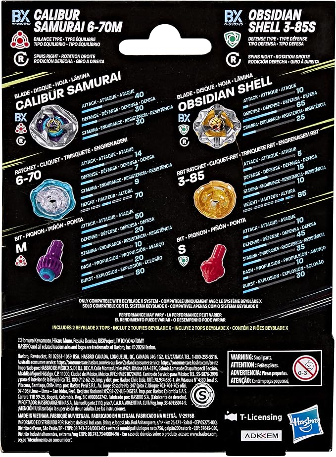 Beyblade X Calibur Samurai 6-70M BX & Obsidian Shell 3-85S BX Takara Tomy Dual Pack Set