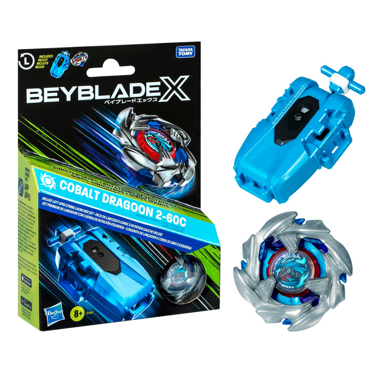Hasbro Beyblade X Cobalt Dragoon 2-60C Deluxe Left-Spin String Launcher Set